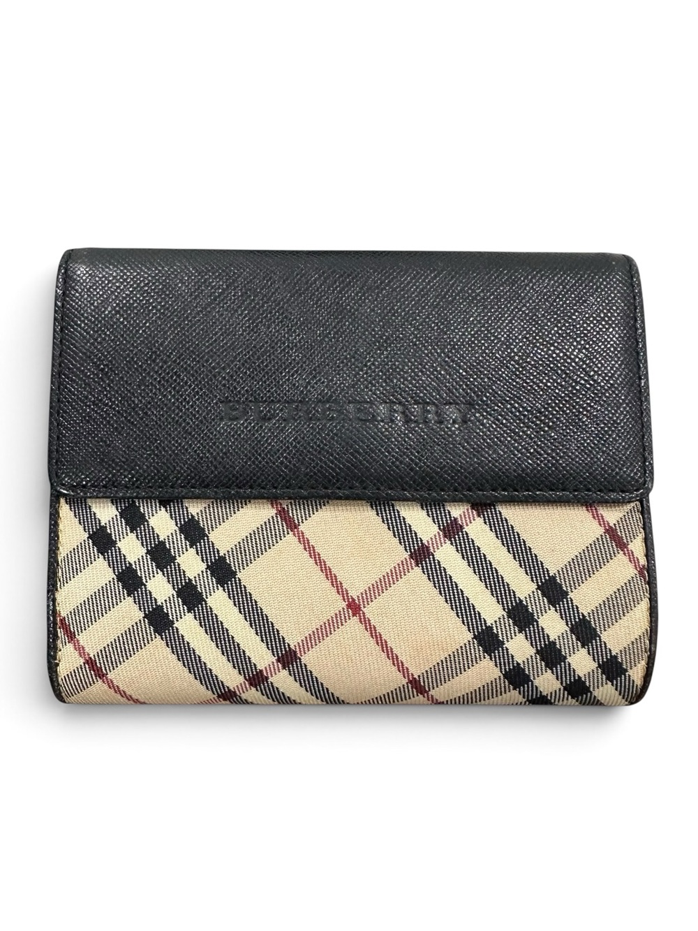 Burberry Black Leather & Nova Check Canvas Kisslock Compact Bifold Wallet